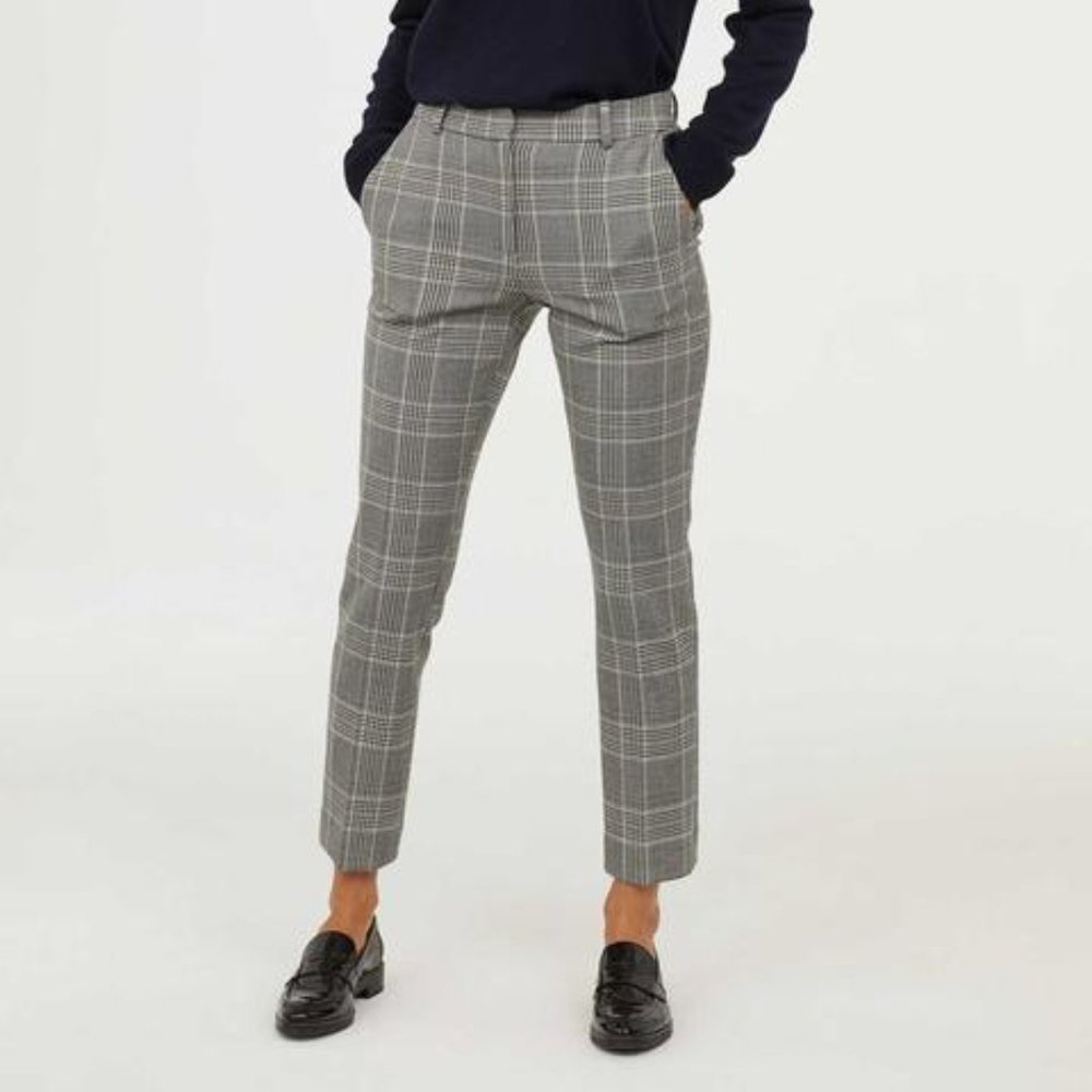 Plaid Cropped Trousers H&M Cream, Black, Mustard, Teal